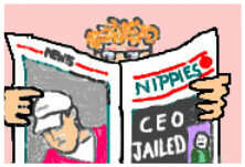 Nippies (registered trademark) original art of Nippies member reading a newspaper similar to the New York Post. Original art work, all rights reserved by Nippies and Nippies.com